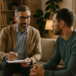 Profesional de salud mental brindando atención personalizada a paciente con esquizofrenia en casa de reposo.