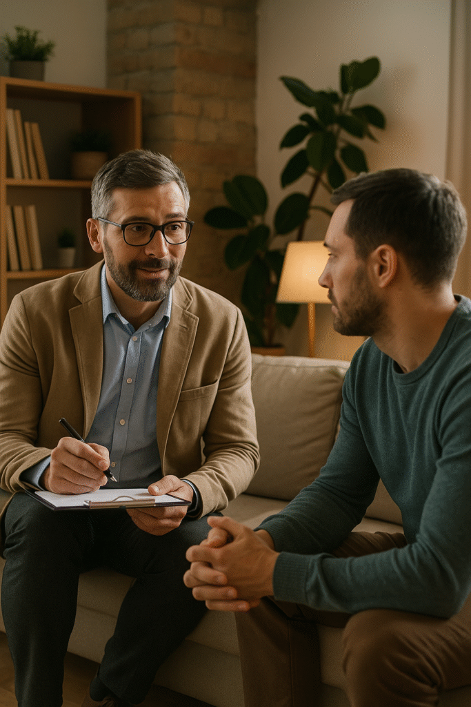 Profesional de salud mental brindando atención personalizada a paciente con esquizofrenia en casa de reposo.